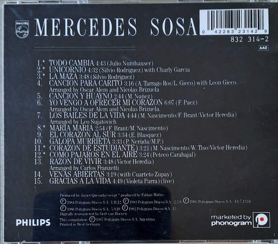 Achterkant cd-hoesje van Mercedes Sosa's 'Gracias a la Vida' met tracklist.
