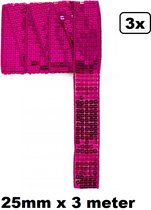3x Paillettenband recht donker roze 300cm x 25mm – paillet band thema feest party