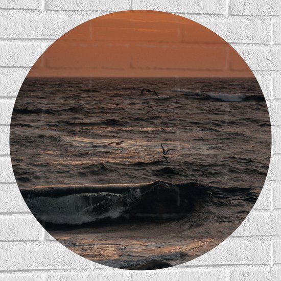 Muursticker Cirkel - Oceaan - Zee - Rotsen - Stenen -Dieren - Vogels - Meeuwen - Golven - 70x70 cm Foto op Muursticker