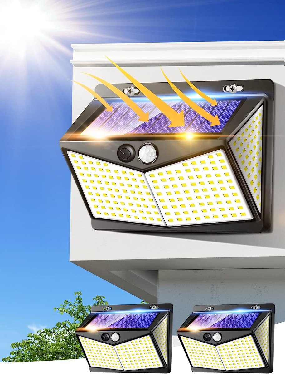 Solar Buitenlamp met bewegingssensor - Wandlamp - 1 stuks - Wandlamp op zonne energie - 208 LED - Waterdicht - Tuinverlichting - Met sensor - Voor buiten - Zwart