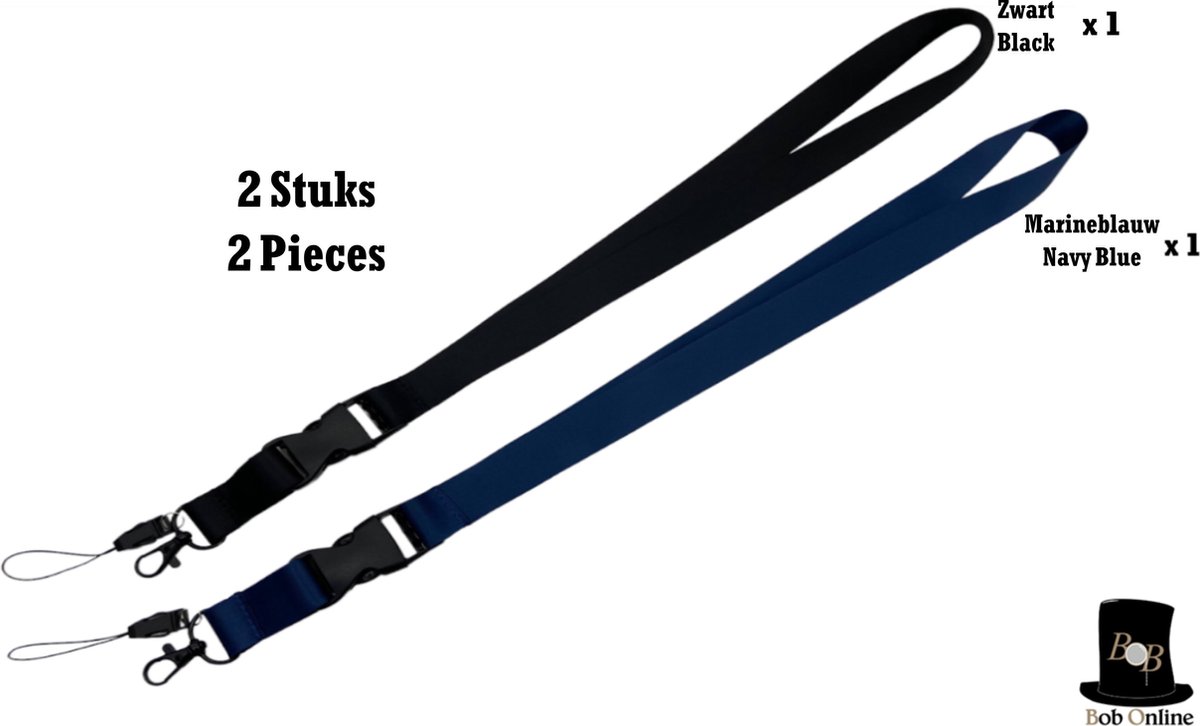 Bob Online™ - 2 Stuks – Unisex – Zwart x1 & Blauw x1 Stijlvolle Polyester Afneembaar Lanyards – Nekkoord – Afneembare Nekriem – Kantoor Lanyard met Draaibare Metalen Karabijn Sluiting – Mobiele Nekkoord – Kantoor ID-kaart Sleutelhanger – USB Lanyard