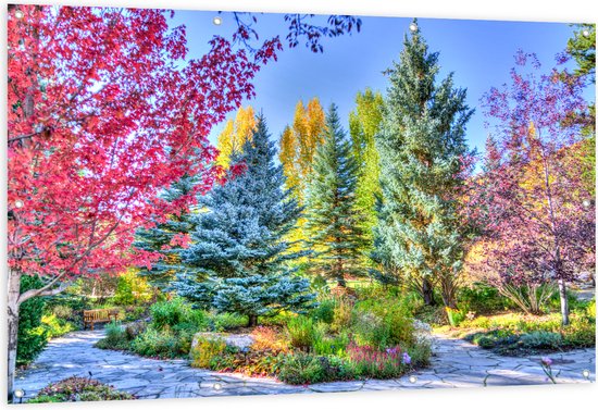 Tuinposter – Parkje - Bomen - Bloemen - Planten - Bankje - Kleuren - 150x100 cm Foto op Tuinposter (wanddecoratie voor buiten en binnen)