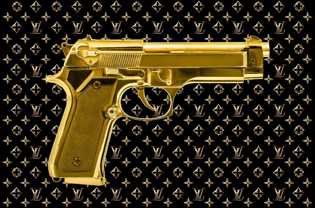 Glasschilderij met goudfolie 80x60cm the LV Gun