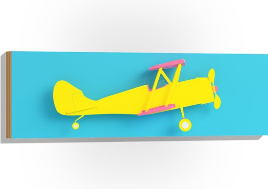 Hout - Zijaanzicht van Felgeel Zweefvliegtuig met Roze Details tegen Blauwe Achtergrond - 90x30 cm - 9 mm dik - Foto op Hout (Met Ophangsysteem)