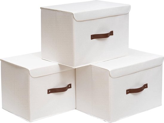 Lot de 3 boîtes de rangement avec couvercles, 45 x 30 x 30 cm, boîtes en tissu pliables, paniers de rangement, organisateur pour speelgoed, vêtements, livres, blanc