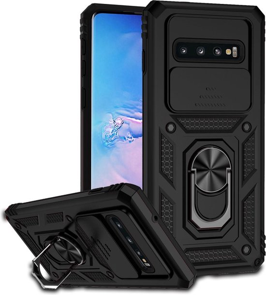 Coverup Hoesje - Geschikt voor Samsung Galaxy S10 Hoesje - Coverup Armor Ring Kickstand Back Cover met Camera Shield - Zwart