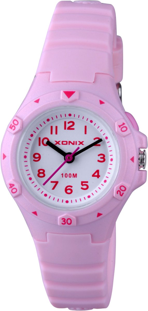 Xonix ABH-001 - Horloge - Analoog - Kinderen - Unisex - Siliconen band - ABS - Cijfers - Achtergronverlichting - Roze - Wit - Waterdicht - 10 ATM