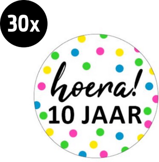 30x Sluitsticker Hoera 10 jaar! NEON | 40 mm | Traktatiesticker Hoera | Cadeausticker | Sluitzegel | Sluitsticker | Traktatie - Verjaardag - Feest | Sticker 10e verjaardag | Kinder traktatie