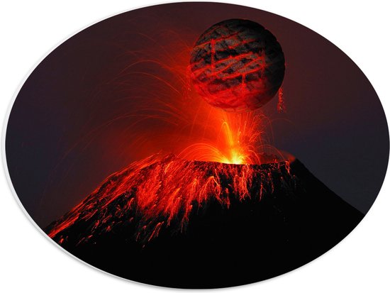 PVC Schuimplaat Ovaal - Berg - Vulkaan - Vuur - Lava - Zwart - Rood - 40x30 cm Foto op Ovaal (Met Ophangsysteem)