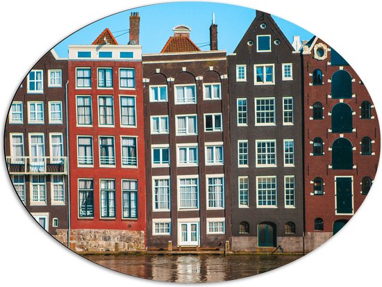 Dibond Ovaal - Traditionele Grachtenpanden van Amsterdam in Verschillende Kleuren - 80x60 cm Foto op Ovaal (Met Ophangsysteem)