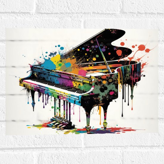 Muursticker - Tekening van Piano met Gekleurde Verfspetters - 40x30 cm Foto op Muursticker