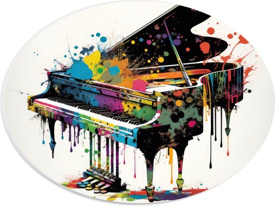 PVC Schuimplaat Ovaal - Tekening van Piano met Gekleurde Verfspetters - 28x21 cm Foto op Ovaal (Met Ophangsysteem)