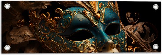 Tuinposter – Venetiaanse carnavals Masker met Blauwe en Gouden Details tegen Zwarte Achtergrond - 60x20 cm Foto op Tuinposter (wanddecoratie voor buiten en binnen)