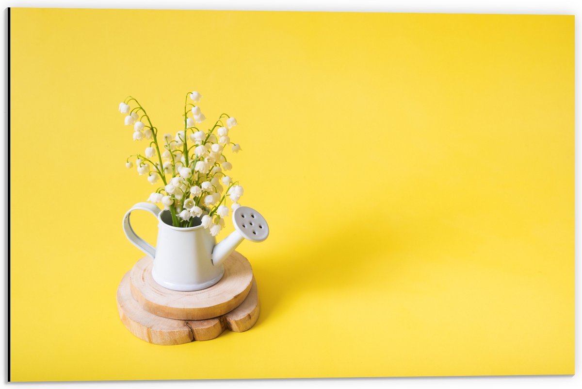 Dibond - Boeket in Gieter met Gele Achtergrond - 60x40 cm Foto op Aluminium (Wanddecoratie