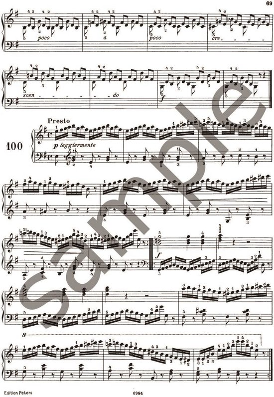 Muziekblad met pianomuziek, genummerd 69. Bevat de tempo-aanduiding 'Presto'.