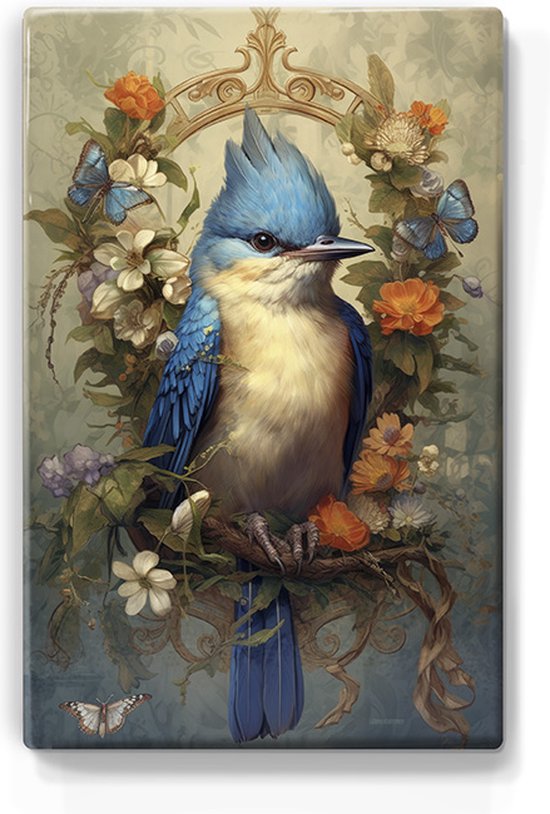 Ijsvogel met bloemenkrans 1 - Laqueprint - 19,5 x 30 cm - Niet van echt te onderscheiden handgelakt schilderijtje op hout - Mooier dan een print op canvas. - LP341