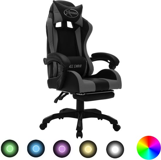 vidaXL - Racestoel - met - RGB - LED-verlichting - kunstleer - grijs - en - zwart