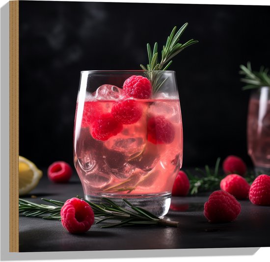 Hout - Frambozen Cocktail in Glas - 50x50 cm - 9 mm dik - Foto op Hout (Met Ophangsysteem)