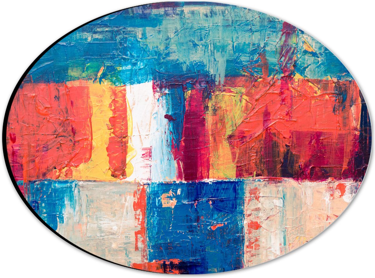 Dibond Ovaal - Abstracte Vakken van Verschillende Kleuren Verf - 28x21 cm Foto op Ovaal (Met Ophangsysteem)