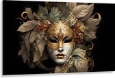 Canvas - Venetiaanse carnavals Masker met Gouden en Beige Details tegen Zwarte Achtergrond - 150x100 cm Foto op Canvas Schilderij (Wanddecoratie op Canvas)