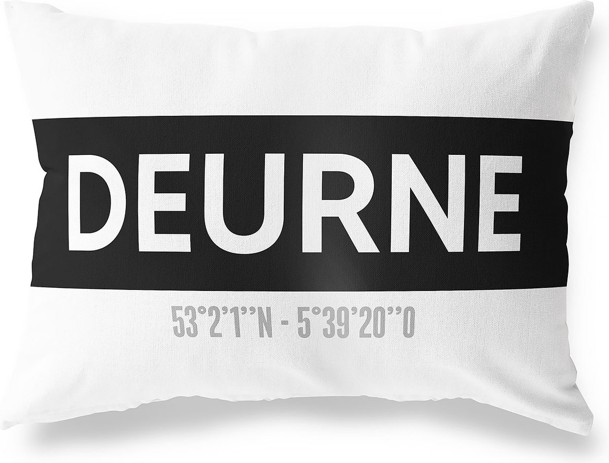 Tuinkussen DEURNE - NOORD-BRABANT met coördinaten - Buitenkussen - Bootkussen - Weerbestendig - Jouw Plaats - Studio216 - Modern - Zwart-Wit - 50x30cm