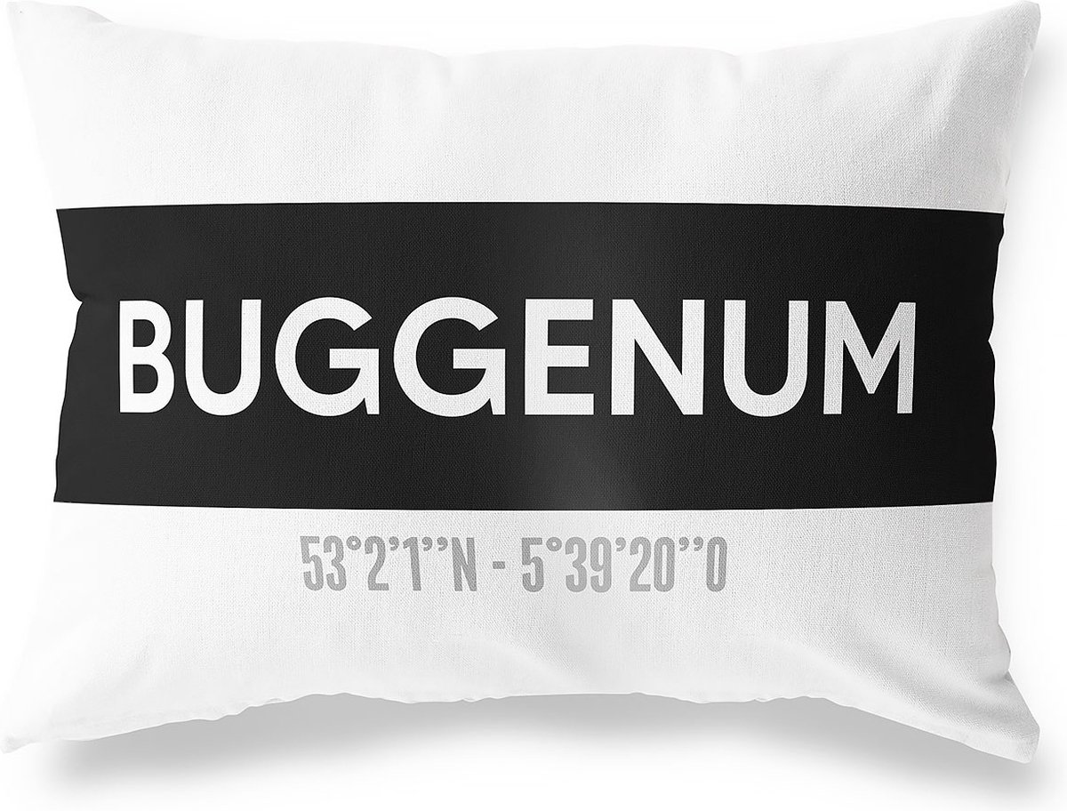 Tuinkussen BUGGENUM - LIMBURG met coördinaten - Buitenkussen - Bootkussen - Weerbestendig - Jouw Plaats - Studio216 - Modern - Zwart-Wit - 50x30cm