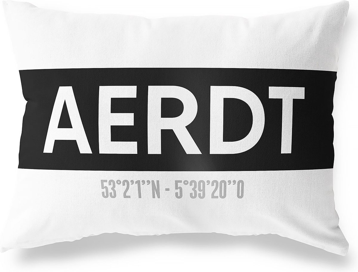 Tuinkussen AERDT - GELDERLAND met coördinaten - Buitenkussen - Bootkussen - Weerbestendig - Jouw Plaats - Studio216 - Modern - Zwart-Wit - 50x30cm
