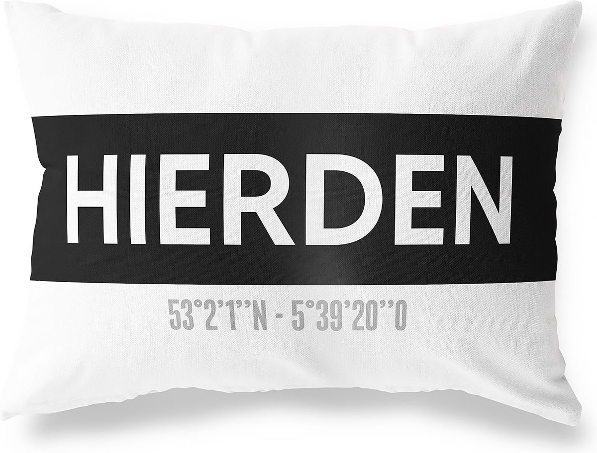 Tuinkussen HIERDEN - GELDERLAND met coördinaten - Buitenkussen - Bootkussen - Weerbestendig - Jouw Plaats - Studio216 - Modern - Zwart-Wit - 50x30cm