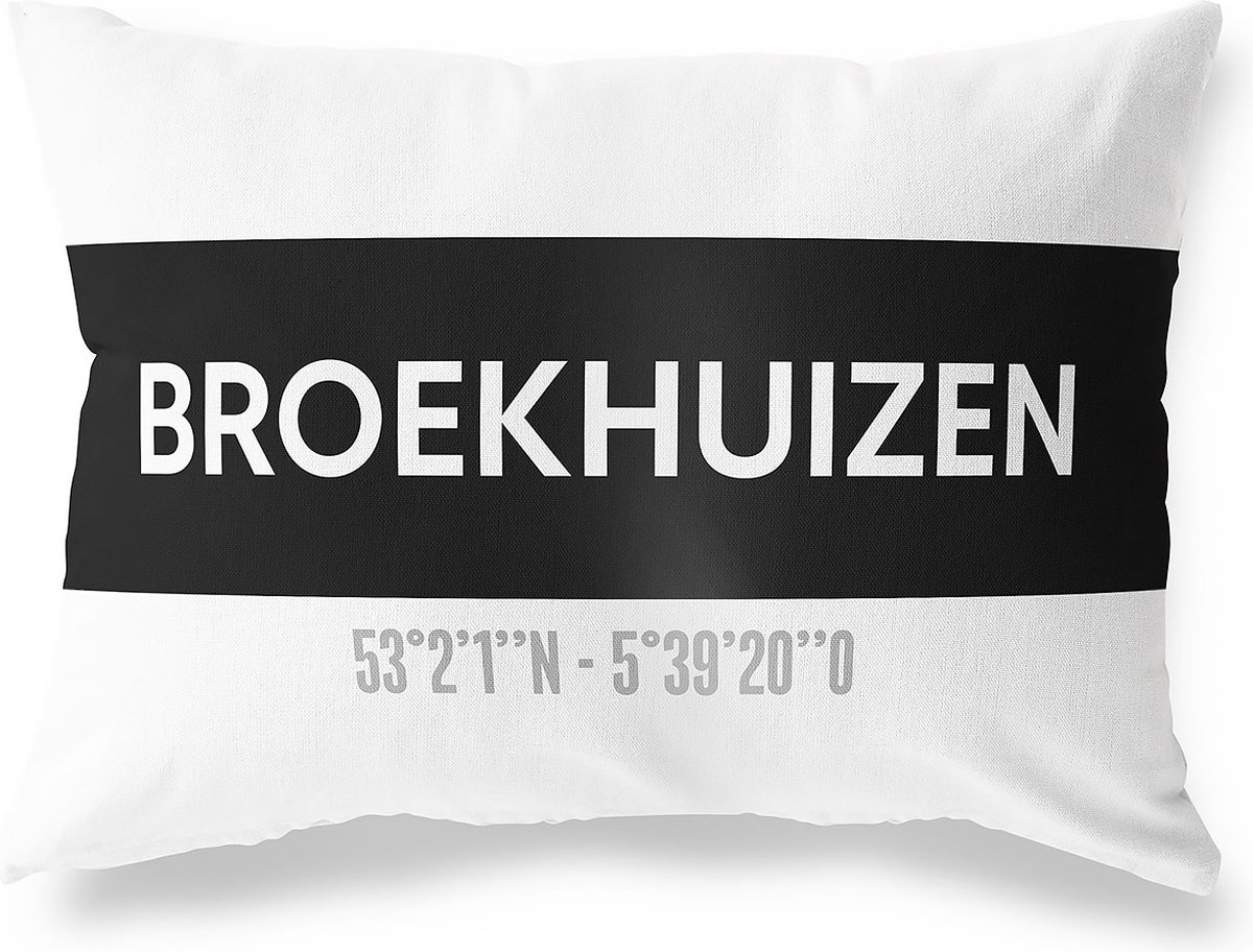 Tuinkussen BROEKHUIZEN - LIMBURG met coördinaten - Buitenkussen - Bootkussen - Weerbestendig - Jouw Plaats - Studio216 - Modern - Zwart-Wit - 50x30cm
