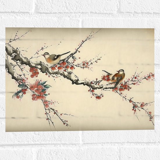 Muursticker - Tekening van Vogeltjes op Smalle Tak met Rode Bloemen - 40x30 cm Foto op Muursticker
