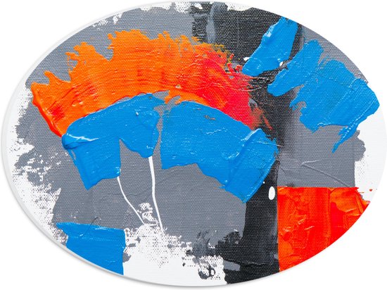 PVC Schuimplaat Ovaal - Oranje, Rode Blauwe en Grijze Verfvlekken op Witte Achtergrond - 28x21 cm Foto op Ovaal (Met Ophangsysteem)