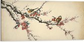 Dibond - Tekening van Vogeltjes op Smalle Tak met Rode Bloemen - 100x50 cm Foto op Aluminium (Met Ophangsysteem)