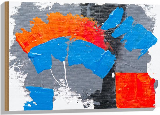 Hout - Oranje, Rode Blauwe en Grijze Verfvlekken op Witte Achtergrond - 75x50 cm - 9 mm dik - Foto op Hout (Met Ophangsysteem)