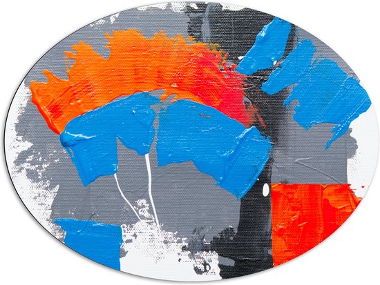 Dibond Ovaal - Oranje, Rode Blauwe en Grijze Verfvlekken op Witte Achtergrond - 108x81 cm Foto op Ovaal (Met Ophangsysteem)