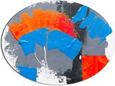 Dibond Ovaal - Oranje, Rode Blauwe en Grijze Verfvlekken op Witte Achtergrond - 68x51 cm Foto op Ovaal (Met Ophangsysteem)