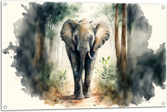 Tuinposter – Tekening van Olifant Lopend door het Bos - 105x70 cm Foto op Tuinposter (wanddecoratie voor buiten en binnen)