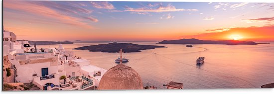 Dibond - Uitzicht op Griekse Kustplaats Santorini - 90x30 cm Foto op Aluminium (Met Ophangsysteem)