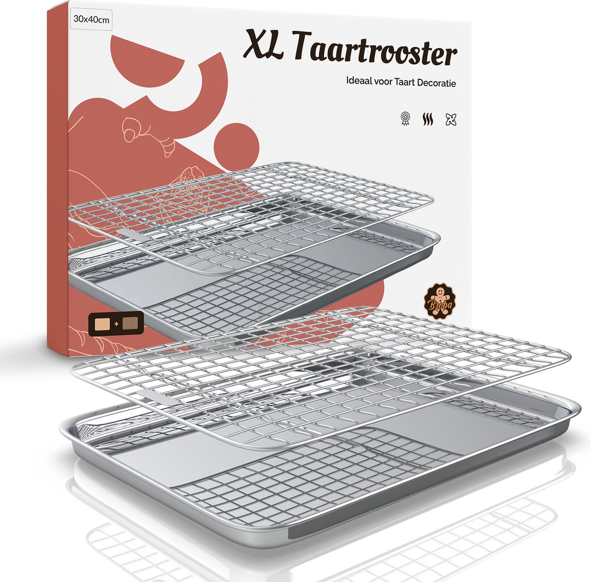 Broba Taartrooster 30x40 cm – Ideaal voor Taart Decoratie – RVS Afkoelrooster met Oven Bakplaat – Bakrooster met Ovenplaat – Koelrek