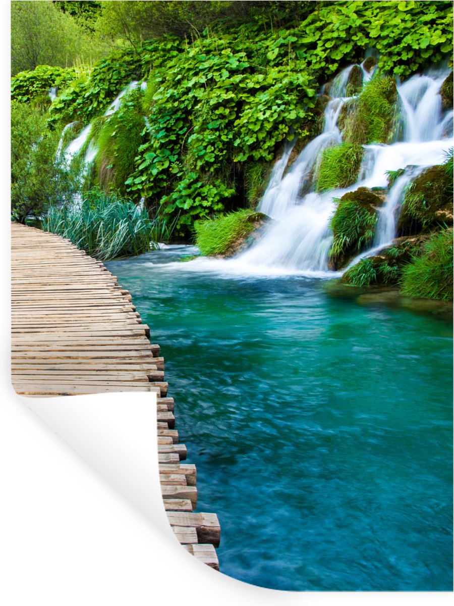 Muurstickers - Sticker Folie - Brug - Water - Planten - Waterval - Groen - 30x40 cm - Plak