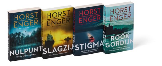 Vier boekcovers op een rij: 'Nulppunt', 'Slagzij', 'Stigma' en 'Rook Gordijn'.