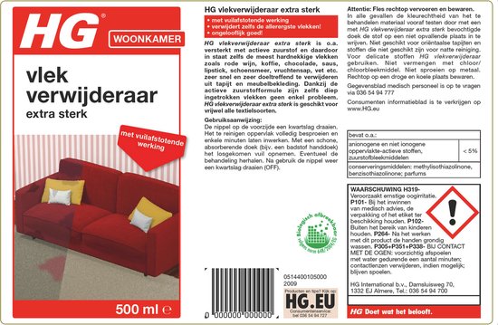 Verpakking van HG vlekverwijderaar extra sterk, 500 ml, voor woonkamer.