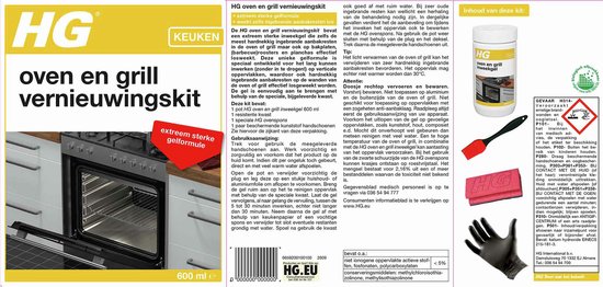 Verpakking van HG oven & grill vernieuwingskit met uitleg, inhoud en een afbeelding van een oven met grill.