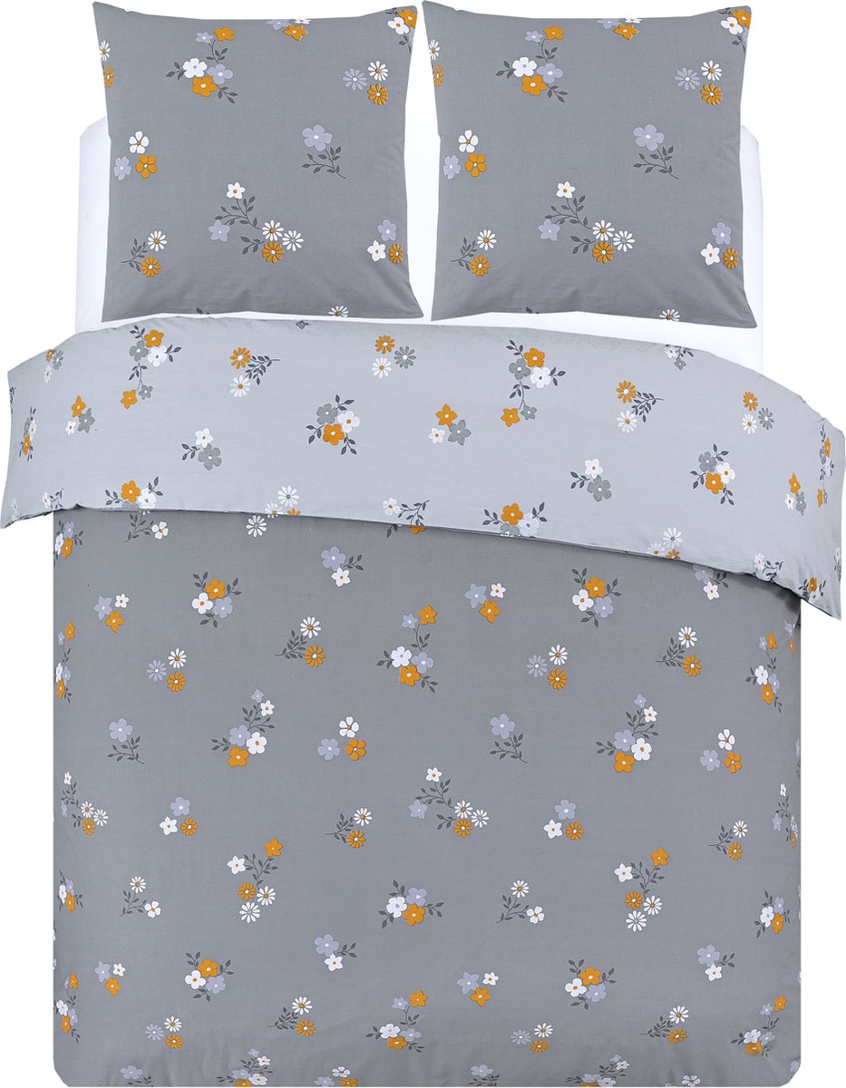 VISION Leila - Tweezijdig omkeerbaar Dekbedovertrekset - 100% katoen: zacht en soepel - Lits-jumeaux - Dekbedovertrek 240 x 220 cm met 2 bijhorende slopen - Grijs - Oekotex gecertificeerd