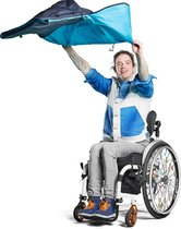 MyBlanket Zomer S/M, compact en licht, wind- en waterdicht rolstoeldeken, snel geplaatst zonder op te staan uit de rolstoel, voor manuele én elektrische rolstoel; 38 x 24 x 8 cm ; 0,45 kg, wasbaar op 30°C - Night Blue met Turquoise rits