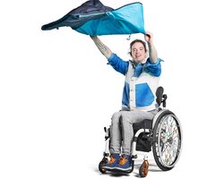 MyBlanket Zomer S/M, compact en licht, wind- en waterdicht rolstoeldeken, snel geplaatst zonder op te staan uit de rolstoel, voor manuele én elektrische rolstoel; 38 x 24 x 8 cm ; 0,45 kg, wasbaar op 30°C - Night Blue met Turquoise rits