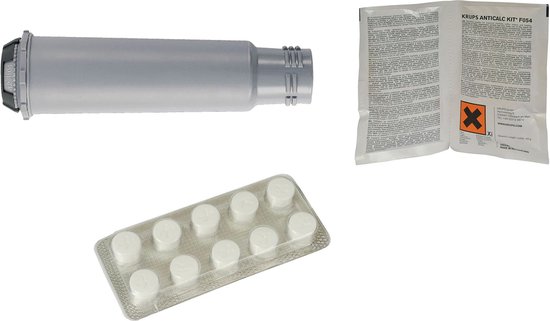 Krups onderhoudskit met waterfilter, pakje met 10 witte tabletten en een opengevouwen instructieboekje.