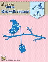SDB068 Snijmal Nellie Snellen - Shape Die blue - Vogel op tak met cadeautjes - kerstmis - winter