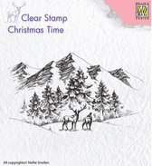 CT018 Nellie Snellen clearstamp Winter landscape with deer - stempel kerst landschap met rendier en bergen