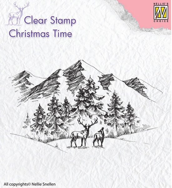 Foto: Ct018 nellie snellen clearstamp winter landscape with deer stempel kerst landschap met rendier en bergen