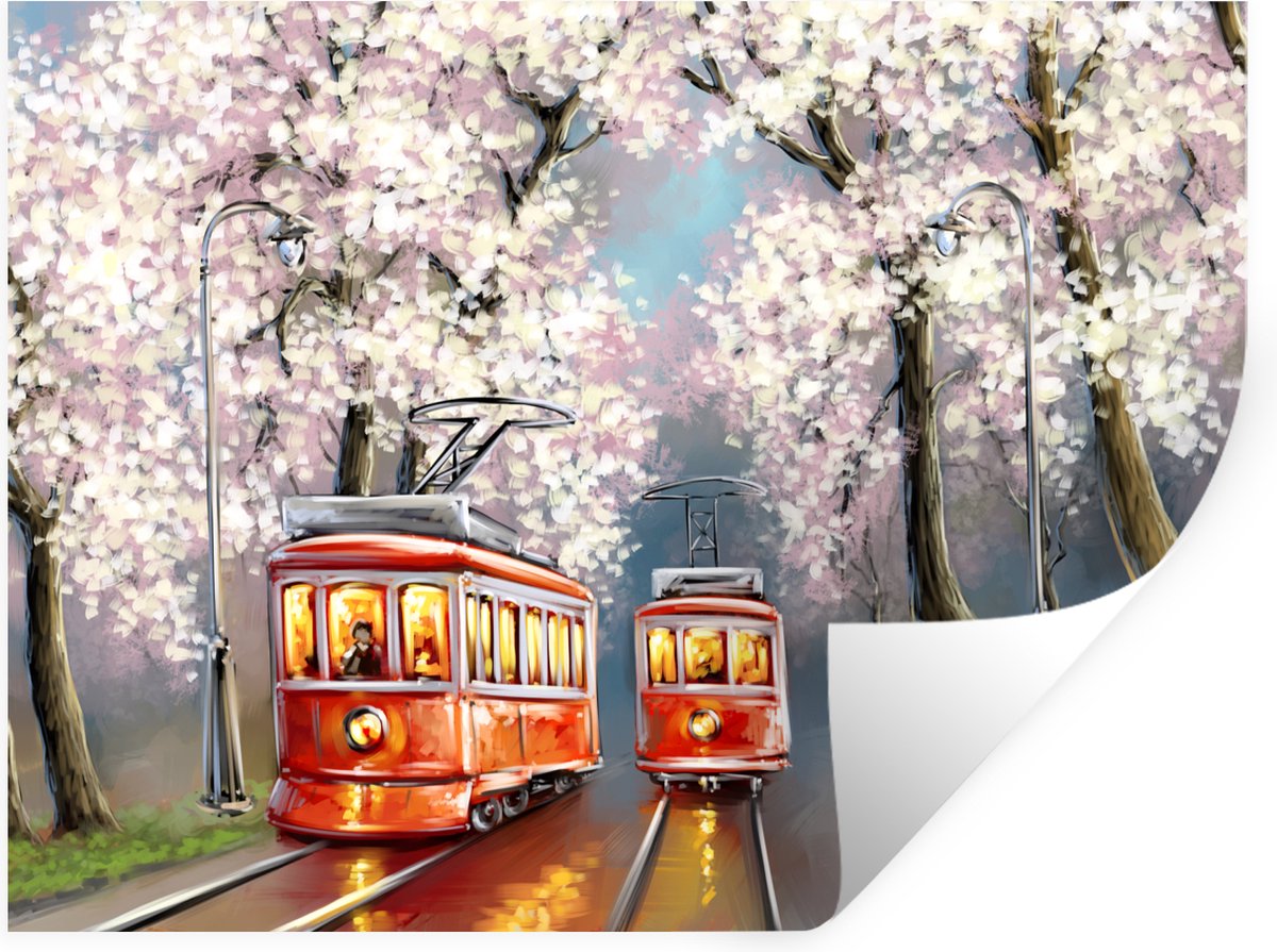 Muurstickers - Sticker Folie - Schilderij - Olieverf - Tram - Bloesemboom - 80x60 cm - Pla